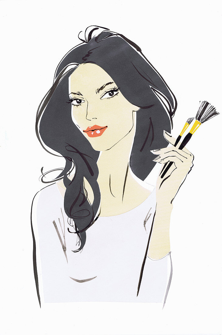 Beautiful woman holding makeup brushes, illustration
