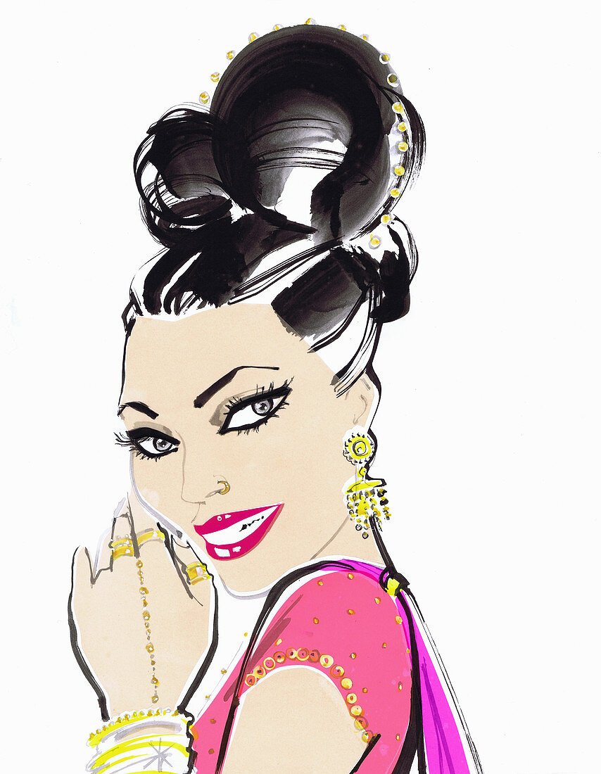 Woman wearing jewellery and sari, illustration