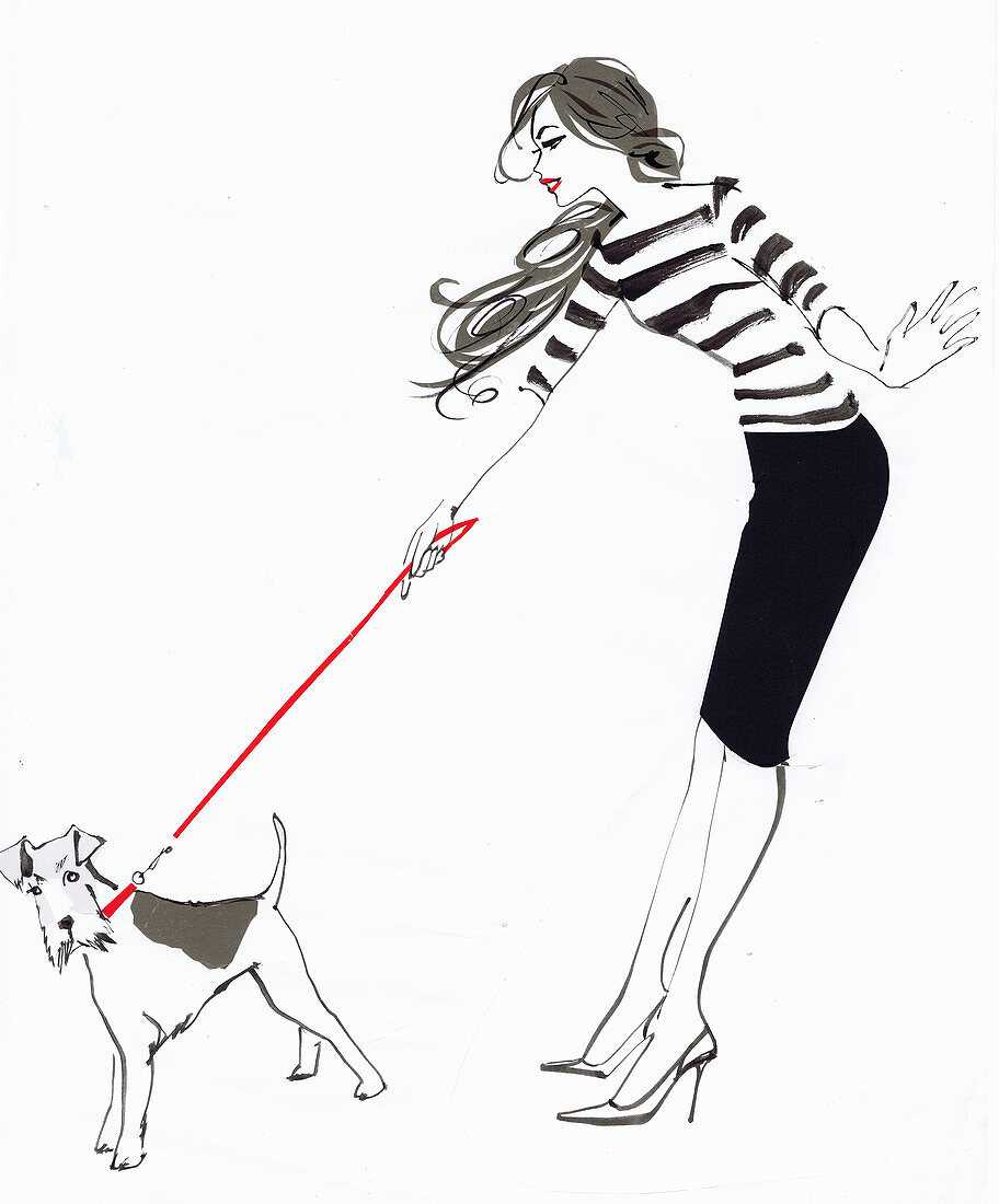 Wire fox terrier and fashionable woman, illustration