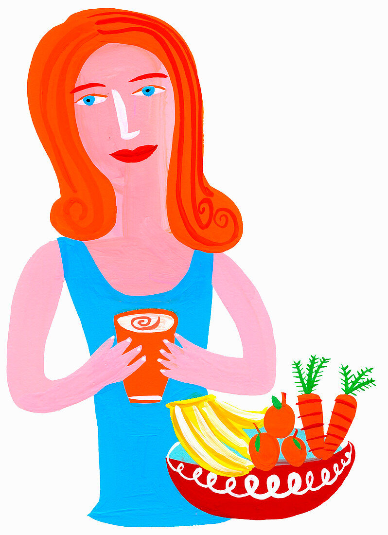 Woman drinking healthy juice, illustration