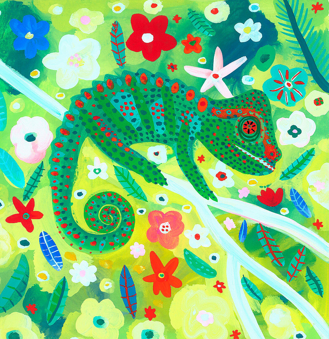 Chameleon camouflaged in foliage, illustration