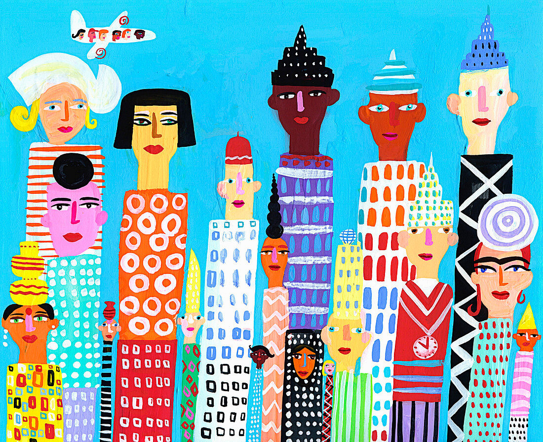 City skyscrapers with multi-ethnic faces, illustration