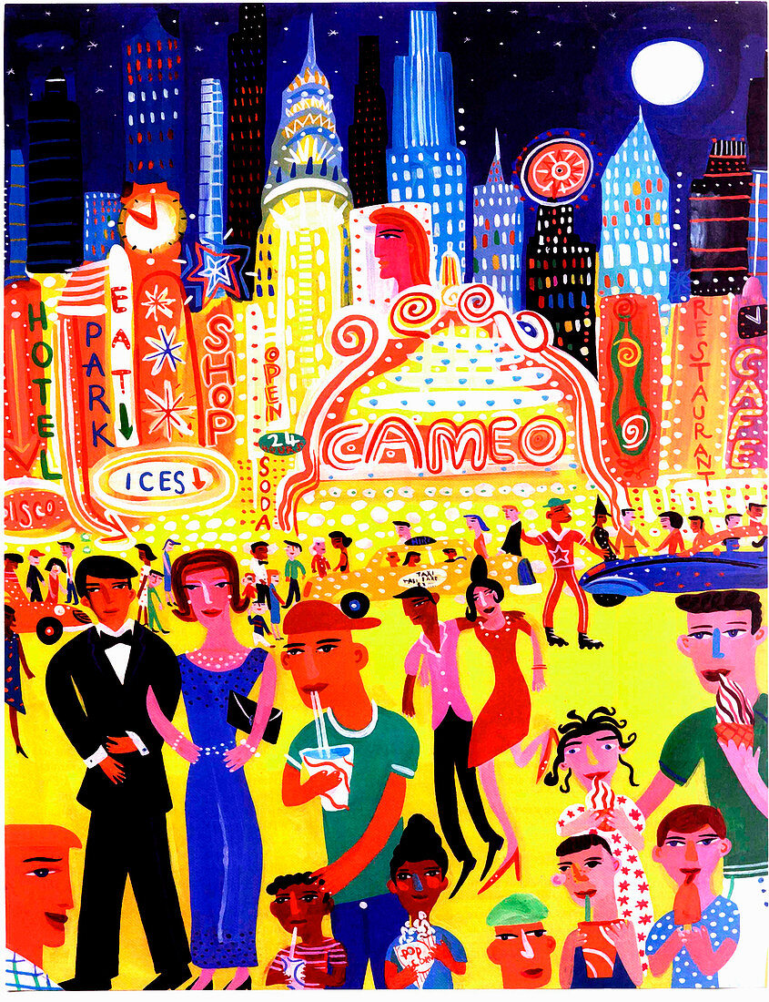 Busy nightlife in New York City, United States, illustration