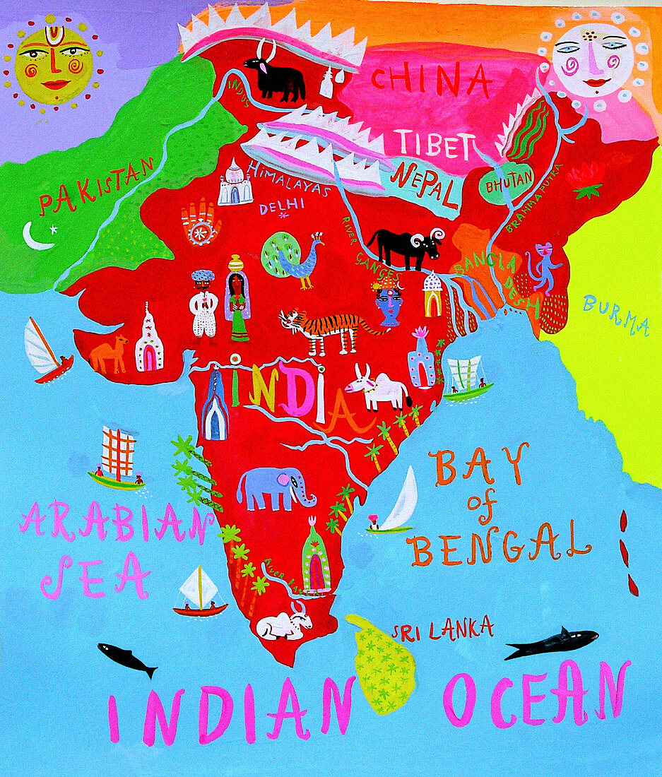 Map of India with Indian culture and wildlife, illustration