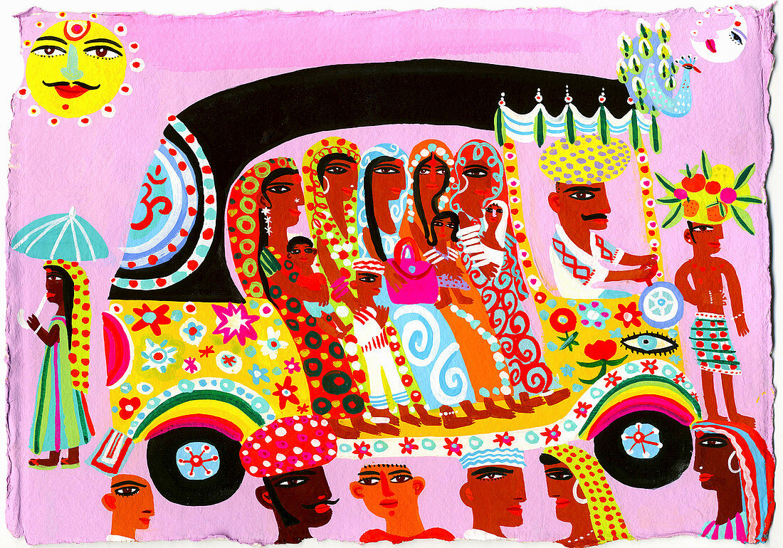 Women and children in ornate auto rickshaw, illustration