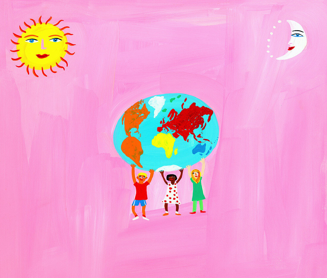 Children holding the globe, illustration