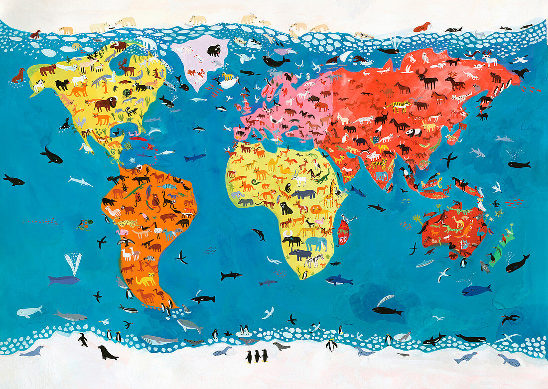 World map of wild animals, illustration