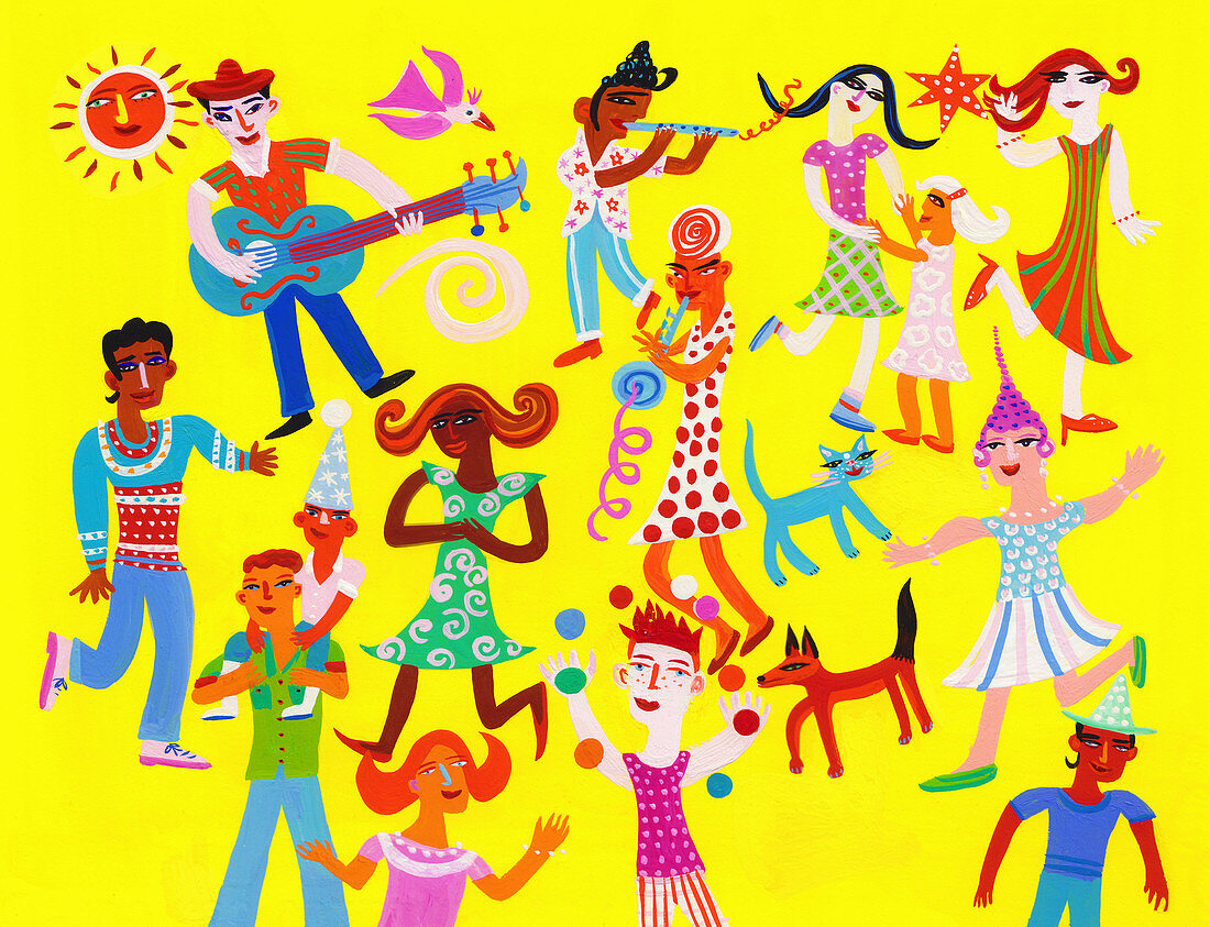 People playing music and dancing, illustration