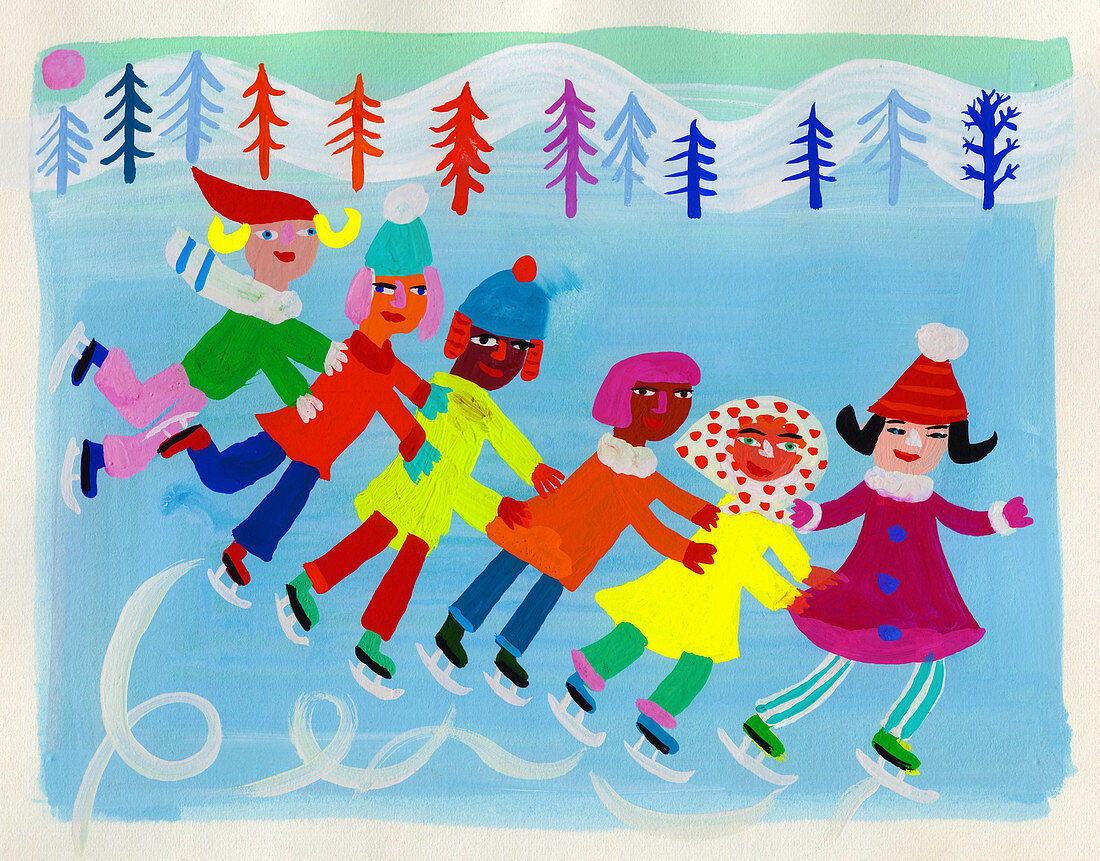 Children ice skating on frozen lake, illustration
