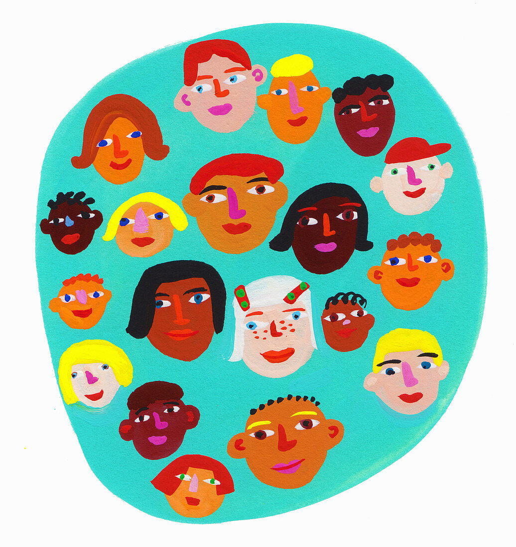Circle containing lots of children's faces, illustration