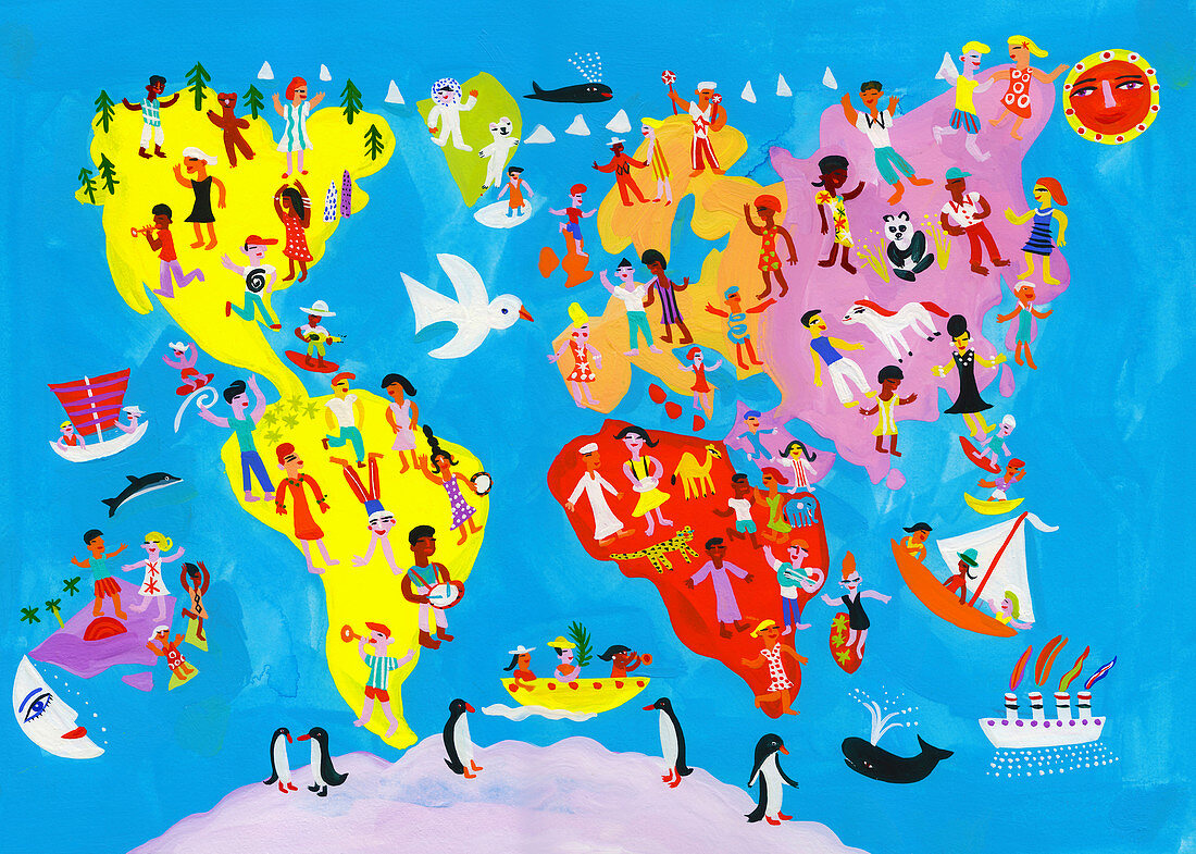World map of people having fun, illustration