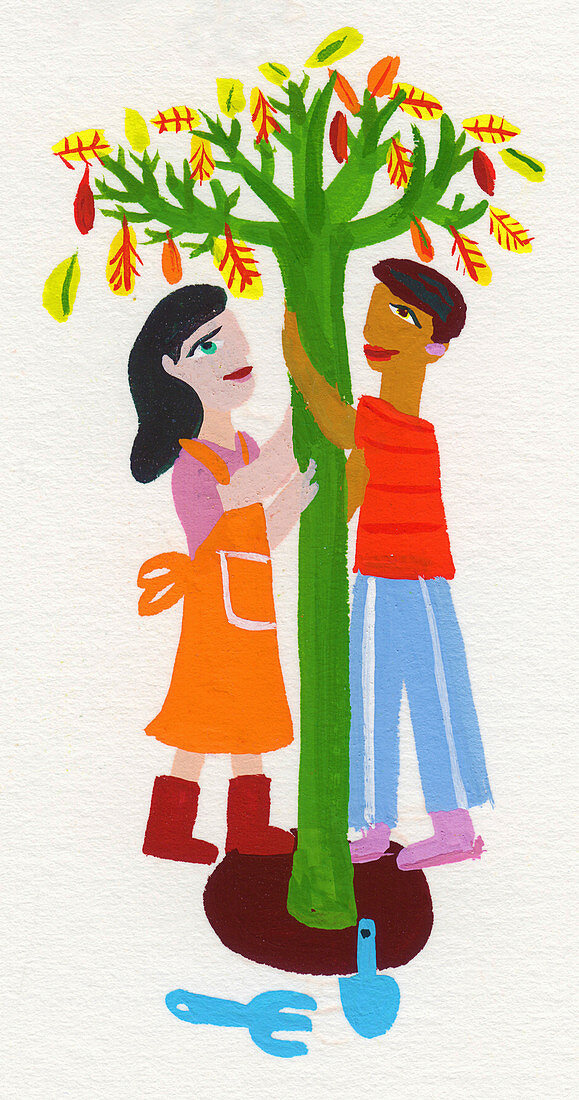 Young couple planting tree together, illustration