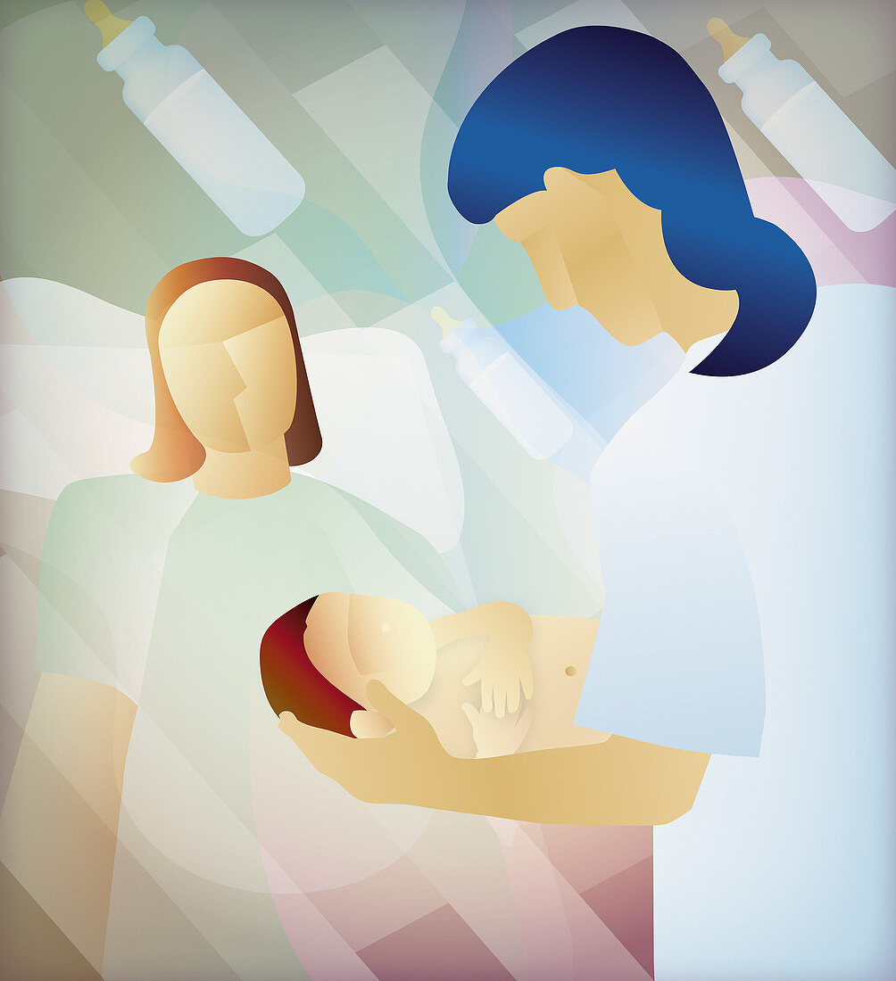 Midwife handing newborn baby to mother, illustration