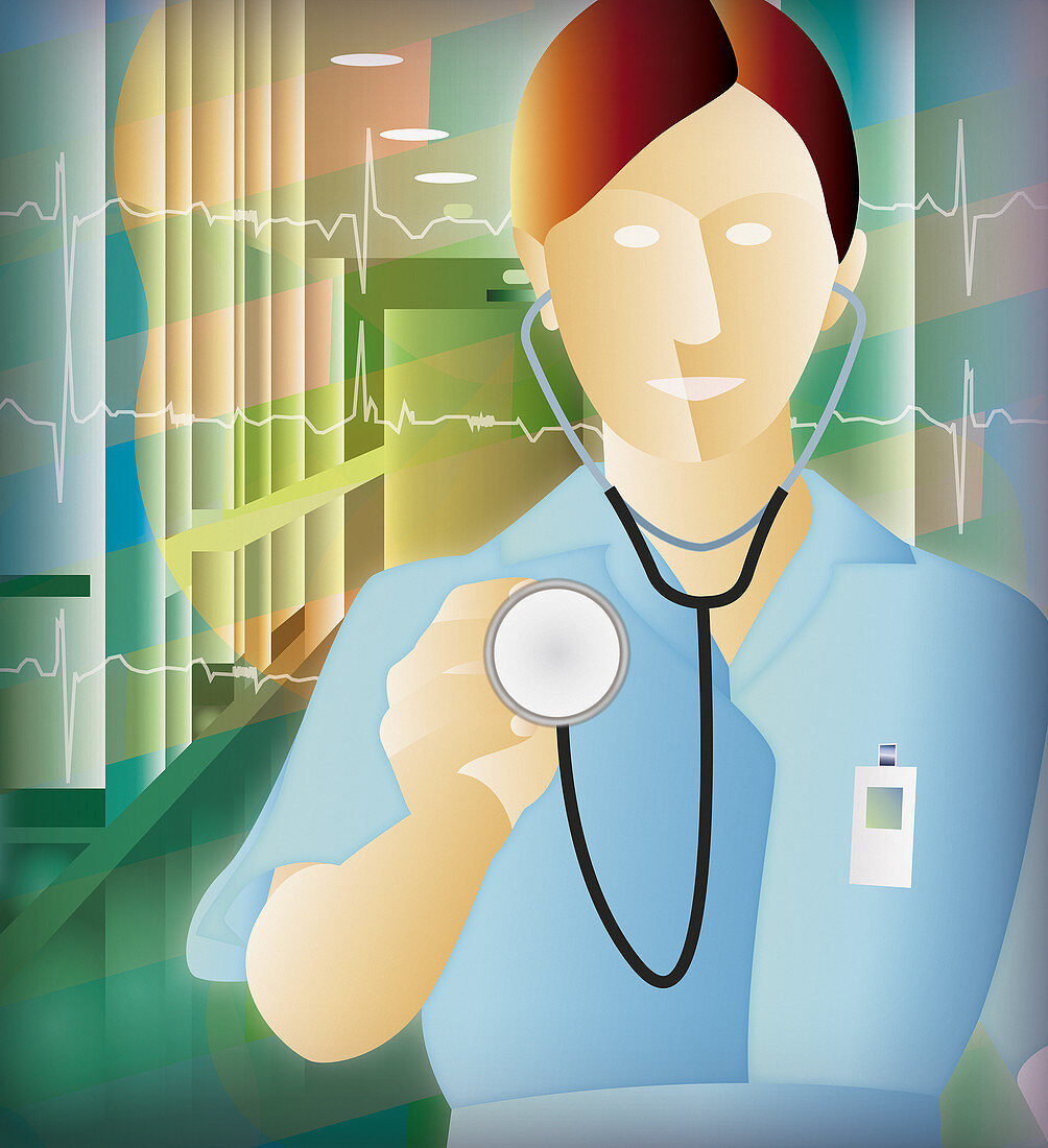 Nurse approaches with stethoscope, illustration