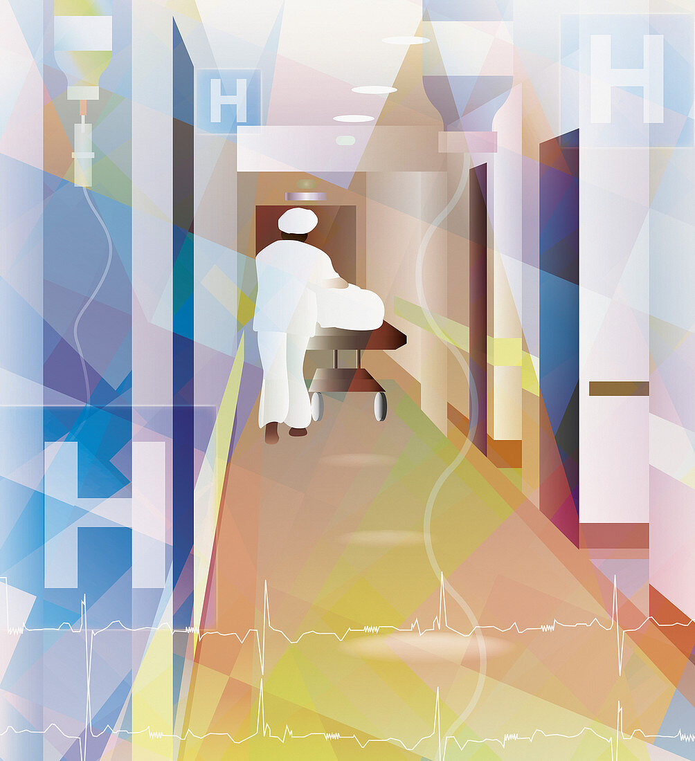 Nurse pushing hospital trolley bed up corridor, illustration