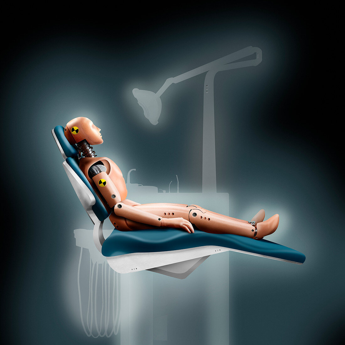 Crash test dummy in dentist's chair, illustration