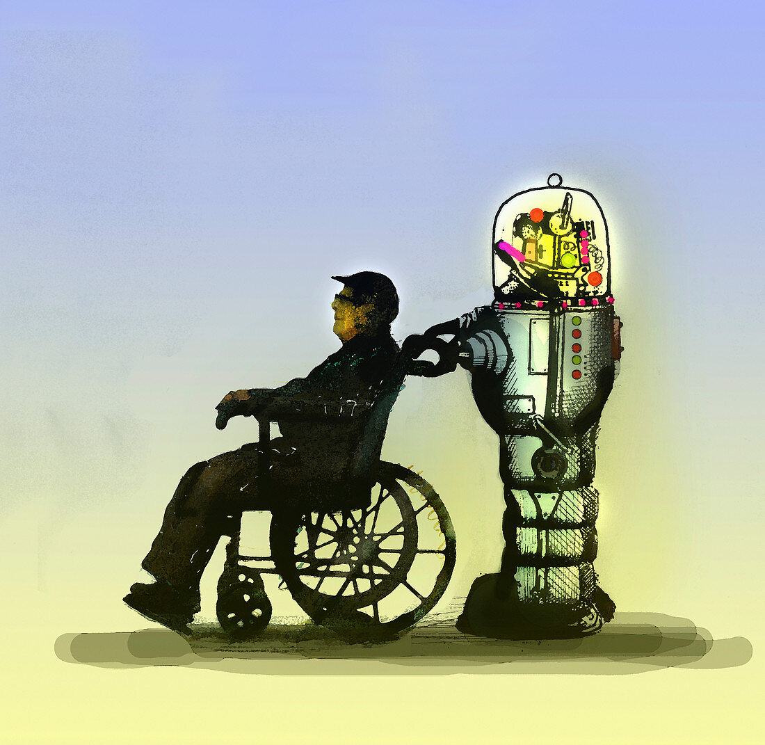 Robot pushing elderly man in wheelchair, illustration