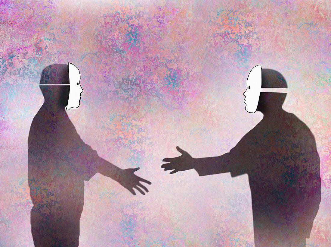 Men in face masks shaking hands, illustration