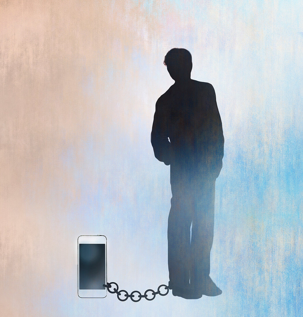 Man chained to his smart phone, illustration