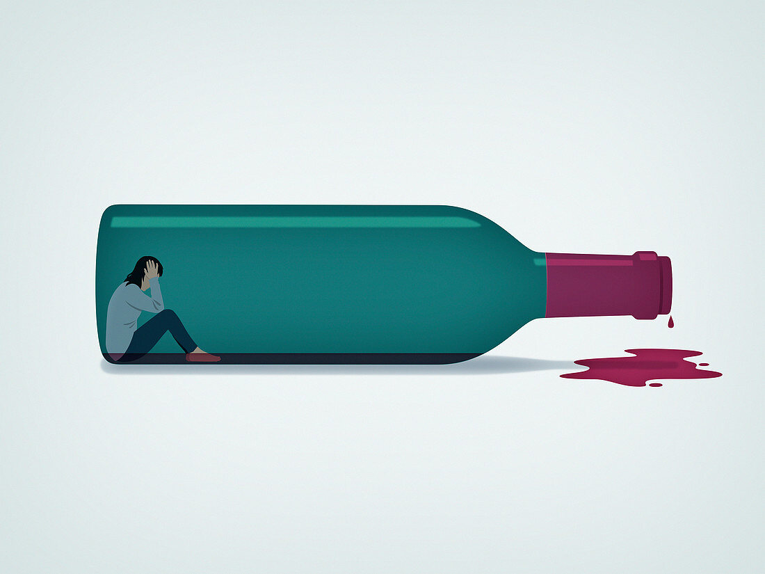 Woman trapped inside of wine bottle, illustration
