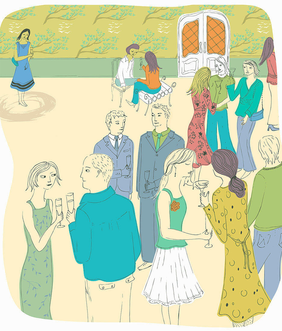Shy woman on own at party, illustration