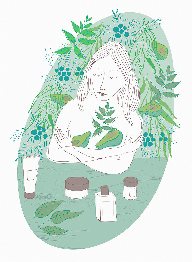 Woman embracing avocado skin care, illustration