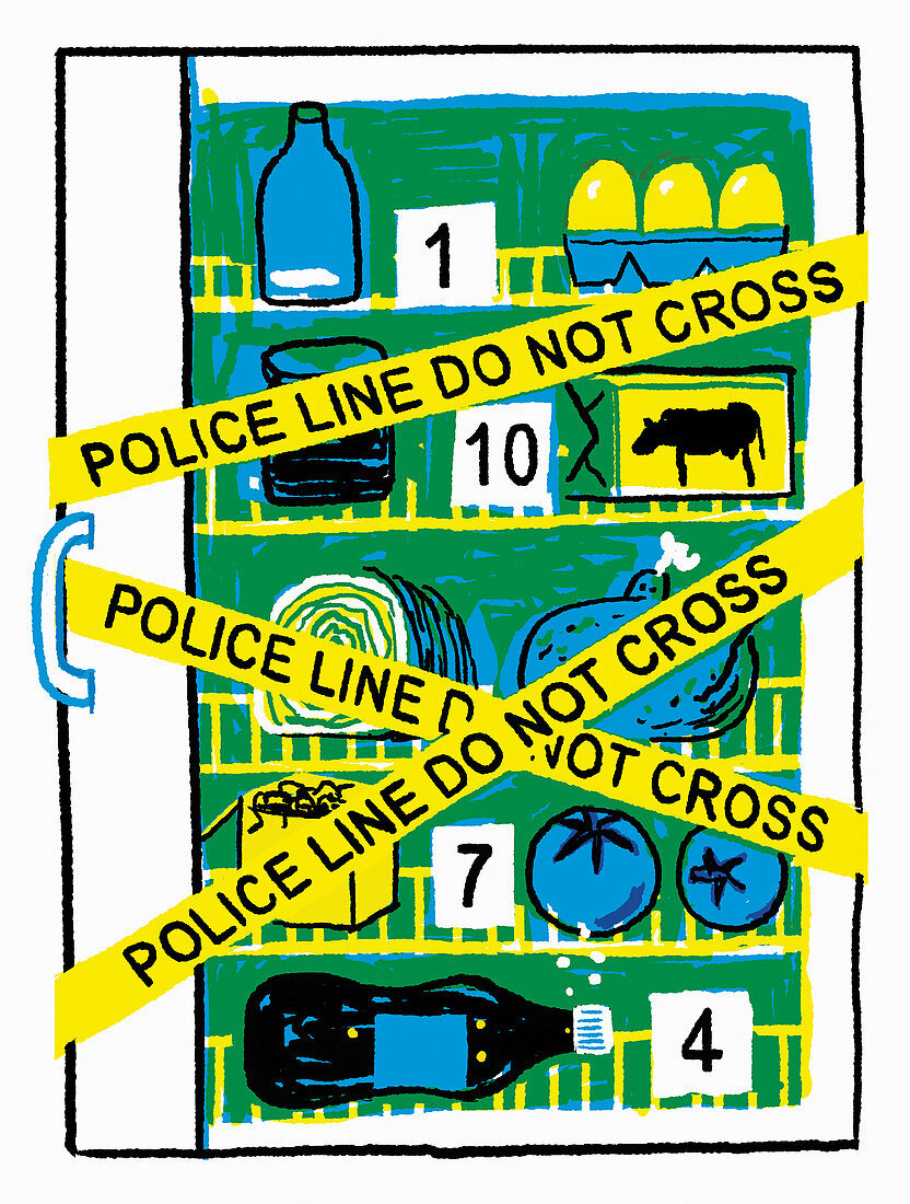 Unhealthy fridge as crime scene, illustration
