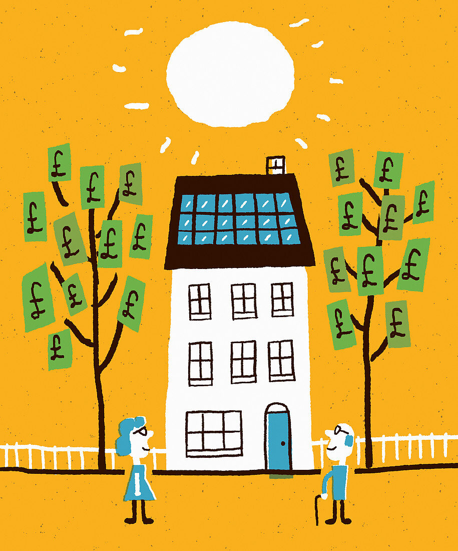 Money from solar panels, illustration
