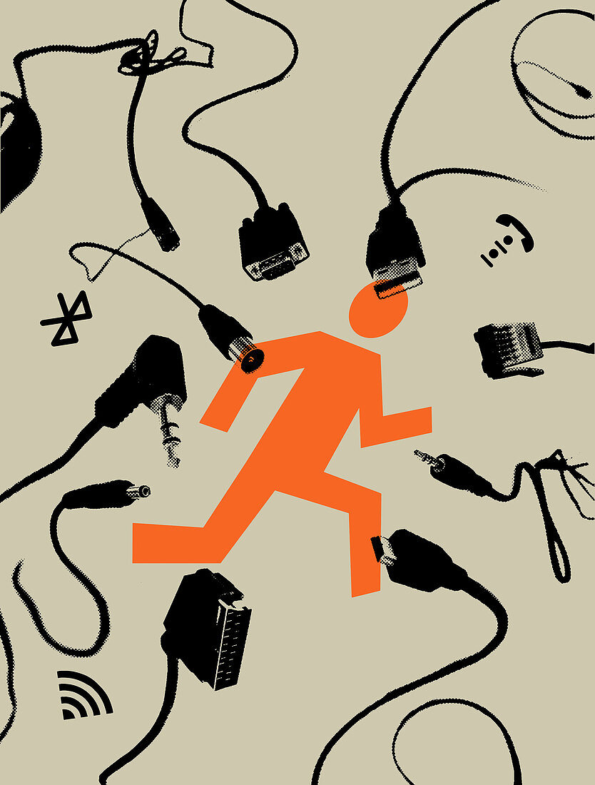 Figure running to escape plugs, illustration