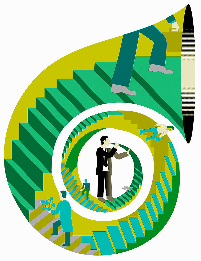 Businessmen and scientists blowing own trumpet, illustration