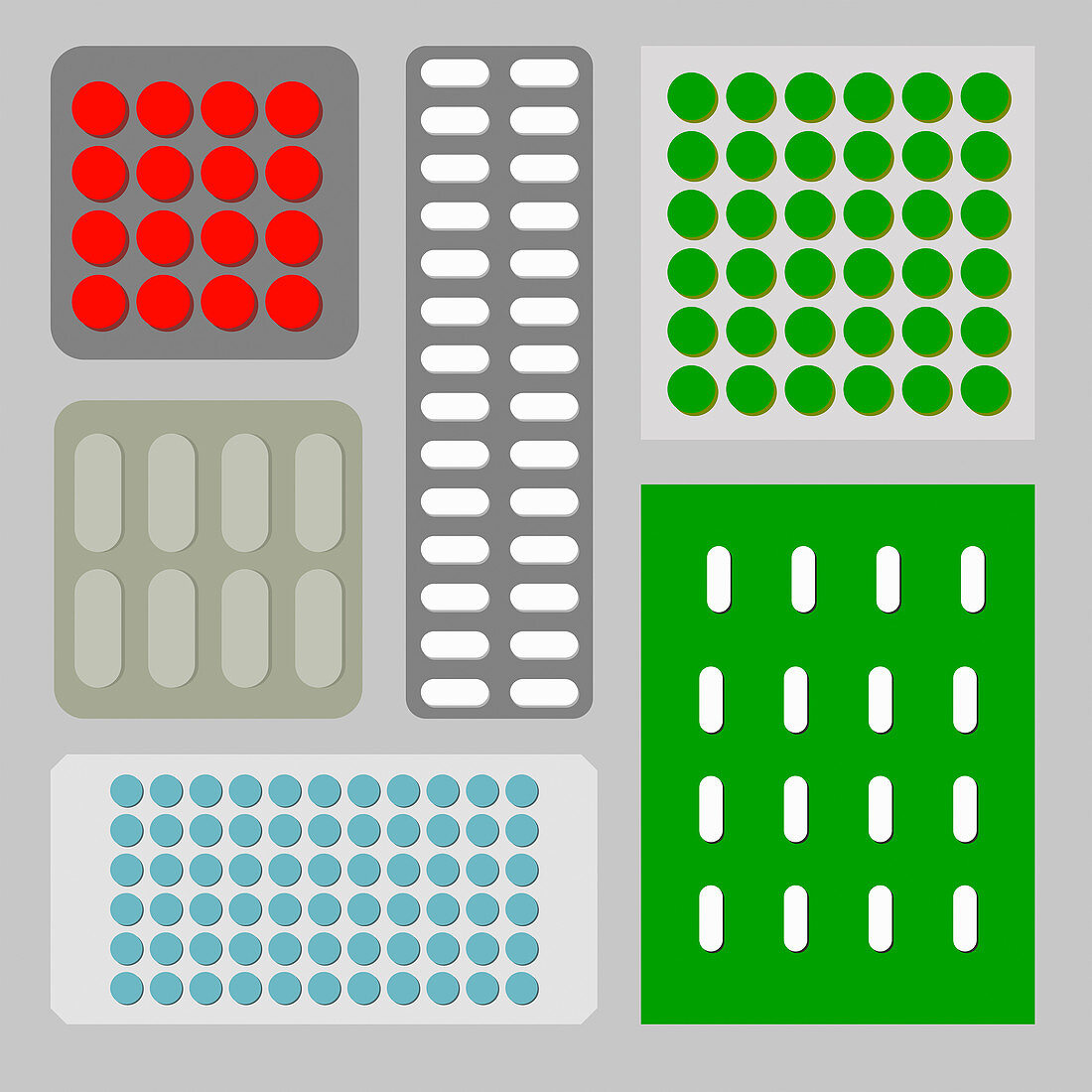 Blister packs of pills arranged in pattern, illustration