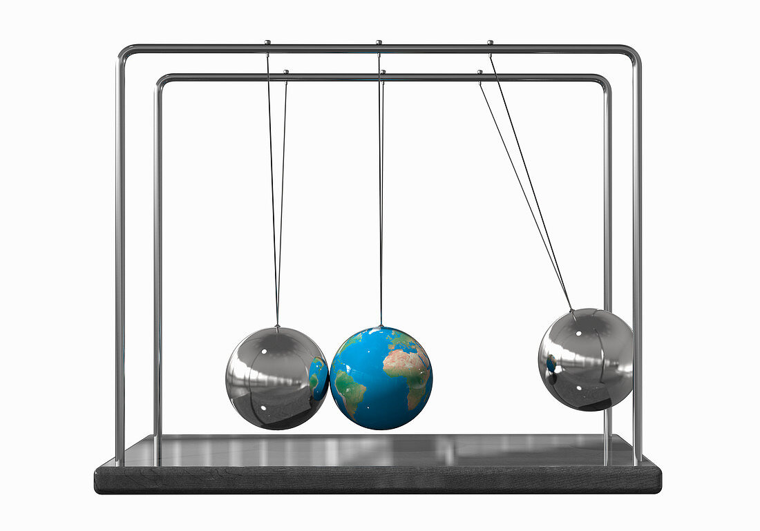 Globe as ball on Newton's Cradle, illustration