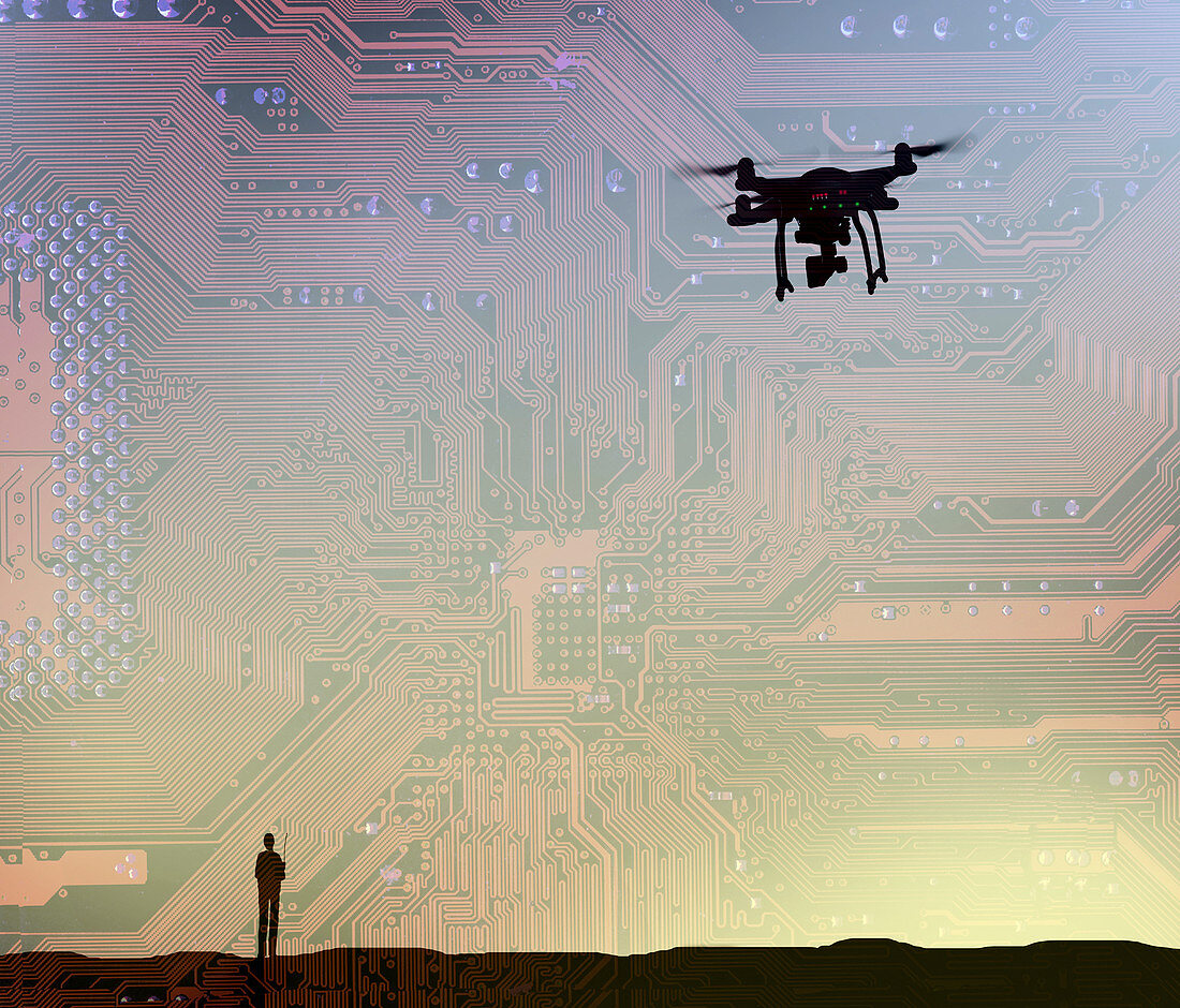 Man flying drone in circuit board sky, illustration
