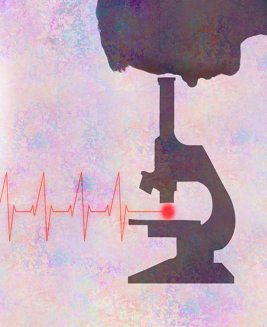 Man looking at heartbeat under microscope, illustration