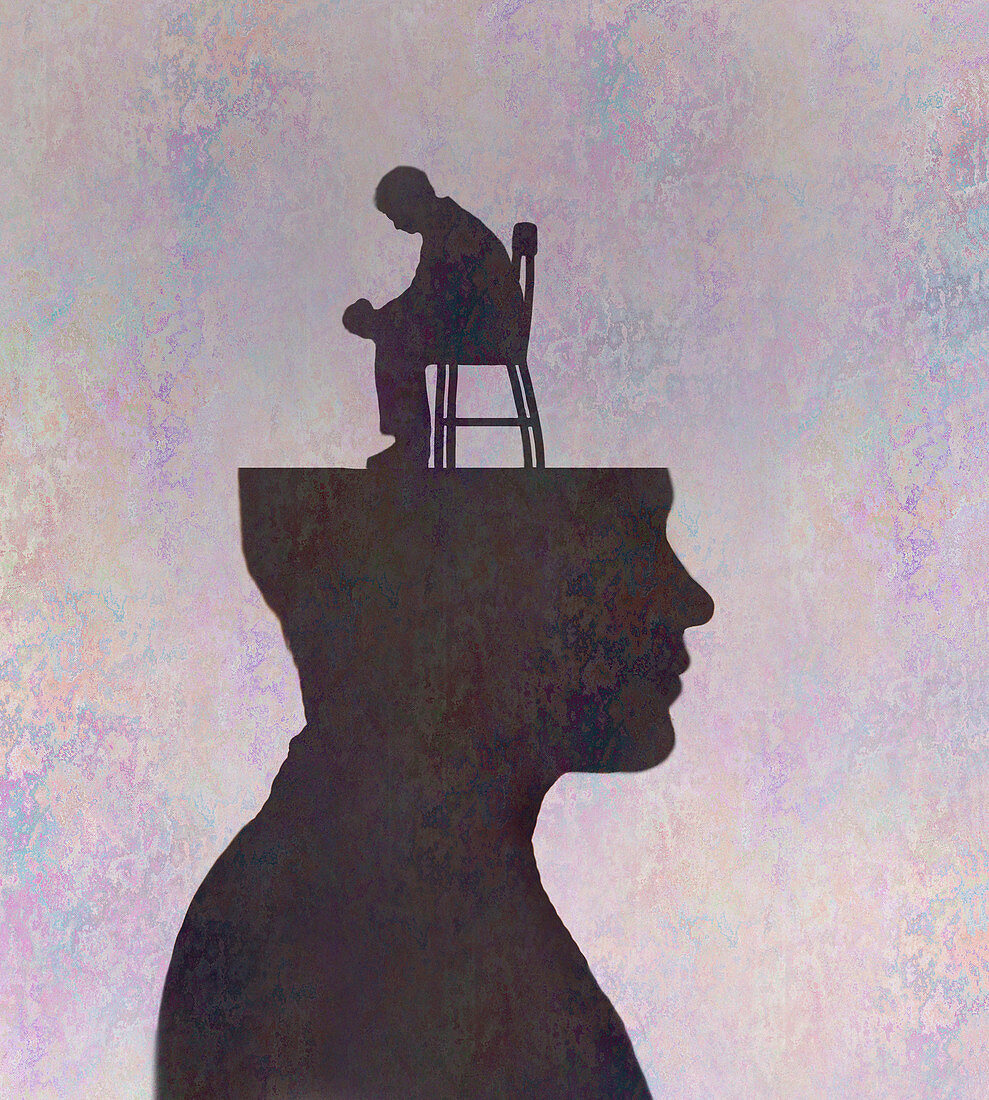 Depressed man sitting inside of man's head, illustration