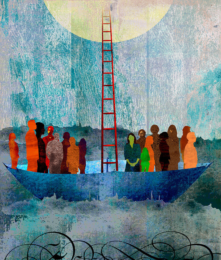 Ladder rescuing people in upside umbrella, illustration