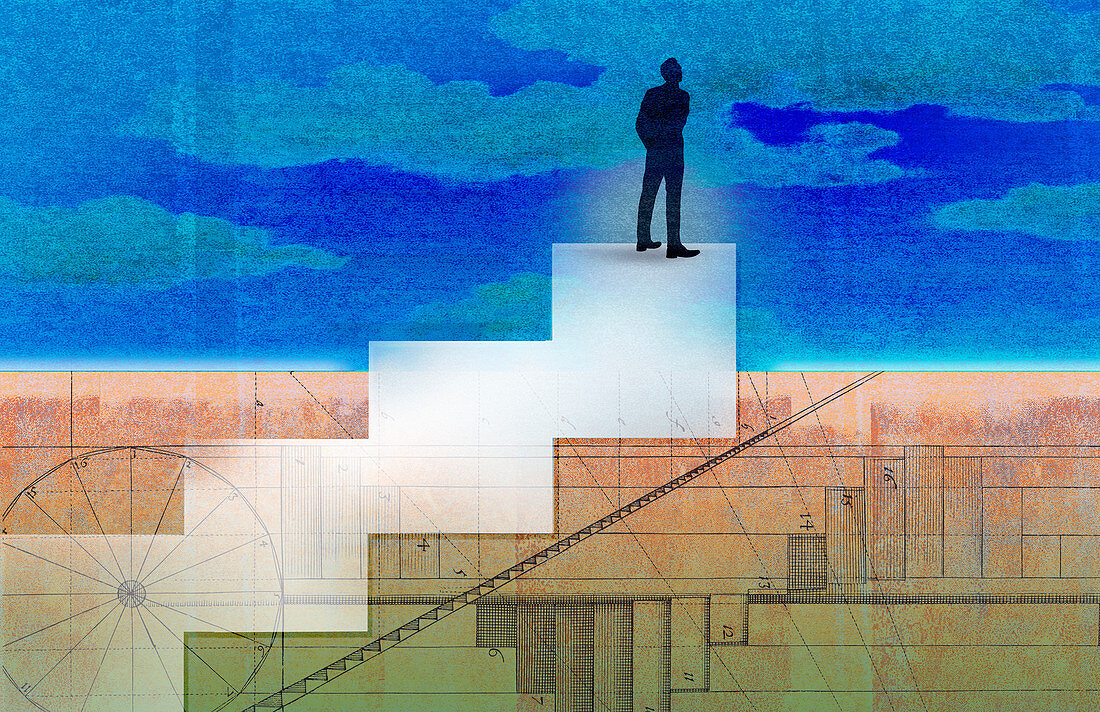 Businessman standing on top of stairs, illustration