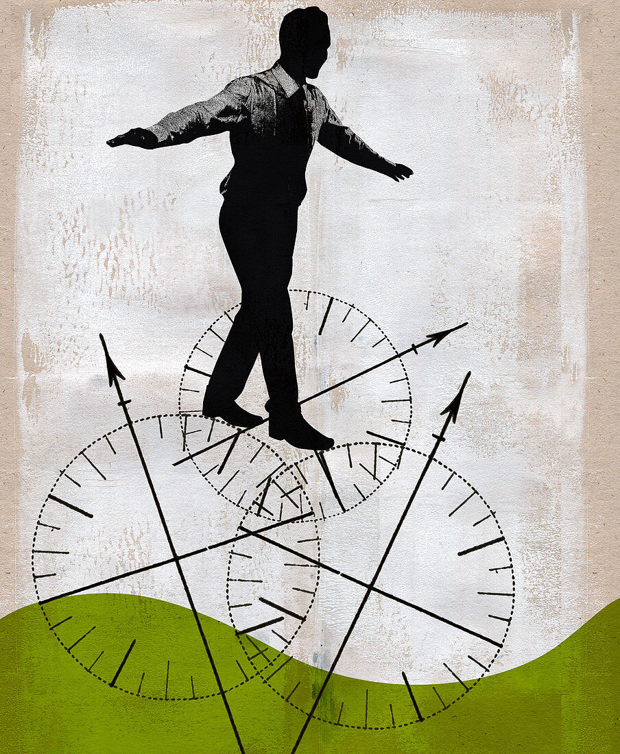 Businessman balancing on compass wheels, illustration