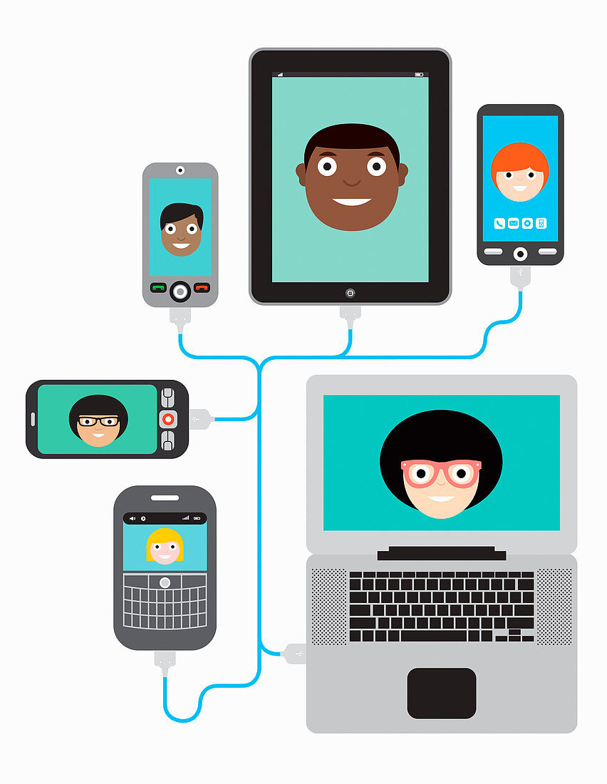 Video conferencing on different devices, illustration