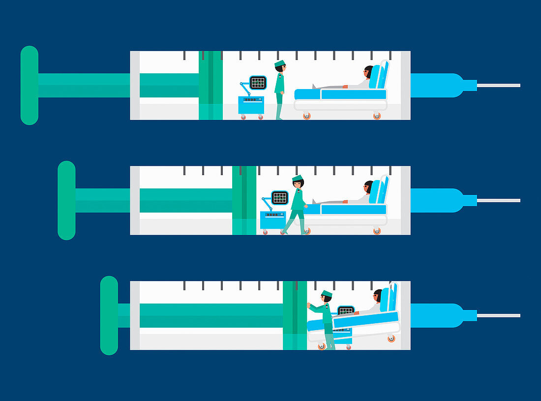 Hospital ward being squeezed inside of syringe, illustration