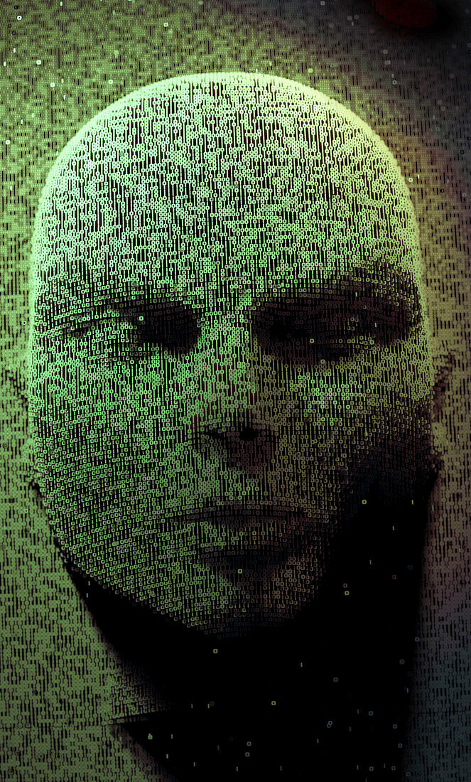 Three dimensional face emerging in binary code, illustration
