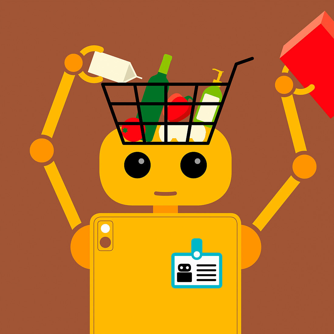 Robot filling shopping basket, illustration
