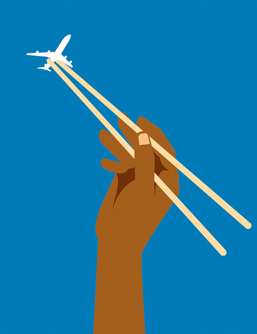 Catching aeroplane in chopsticks, illustration
