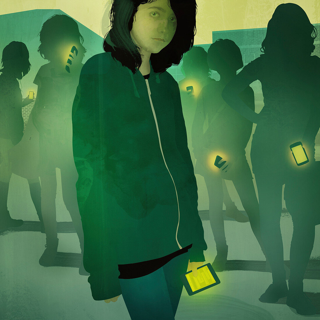 Teenage girls with smart phones, illustration
