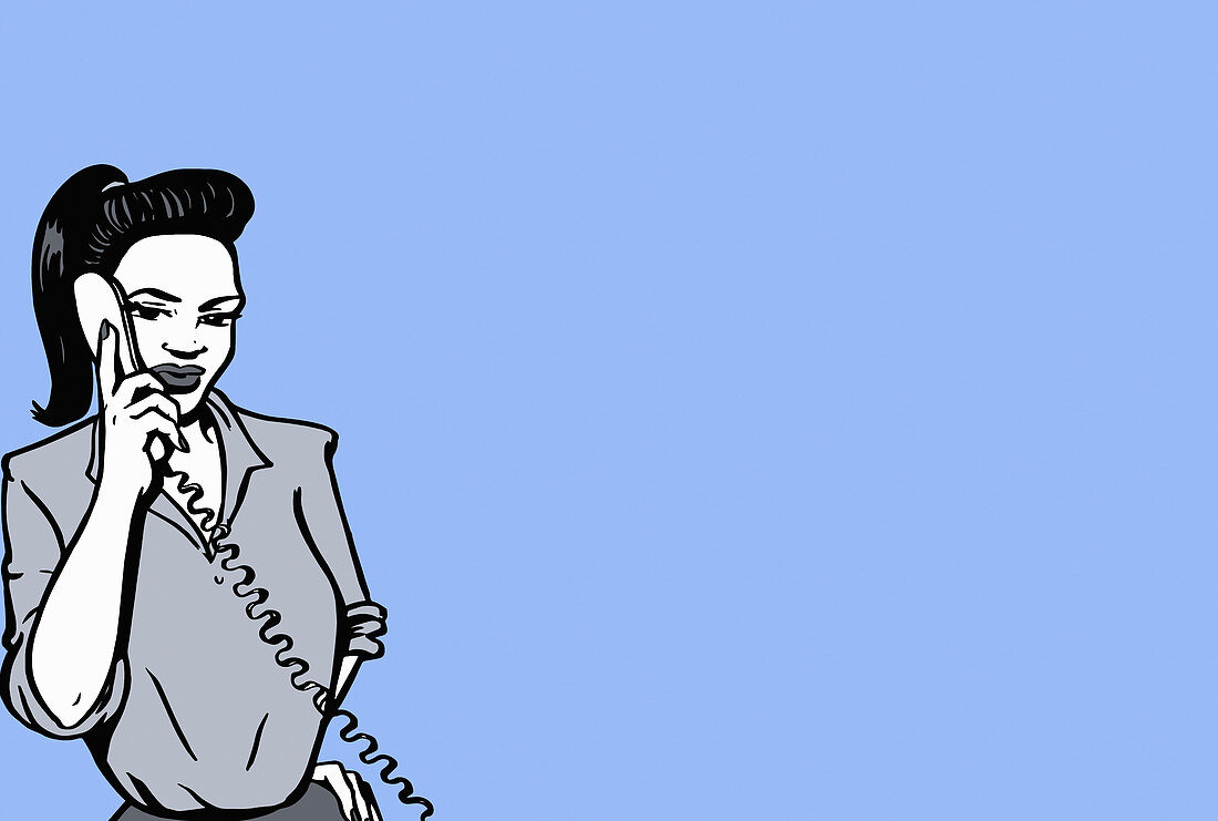 Woman talking on landline phone, illustration