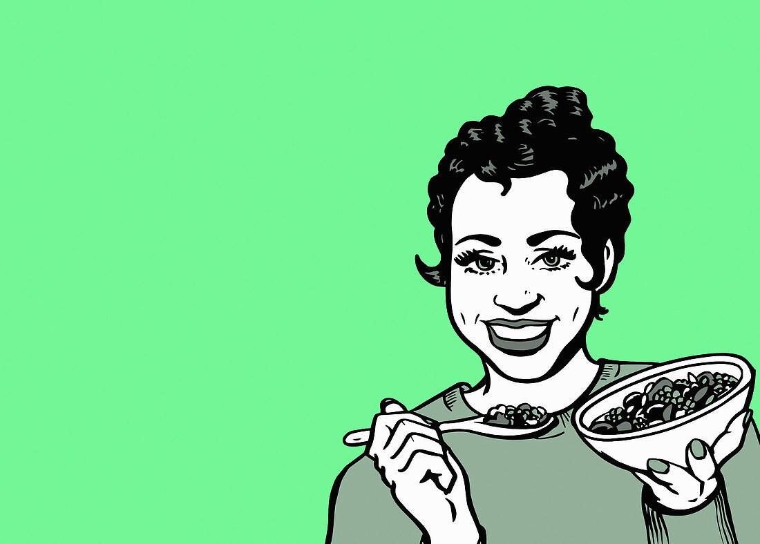 Woman eating cereal, illustration