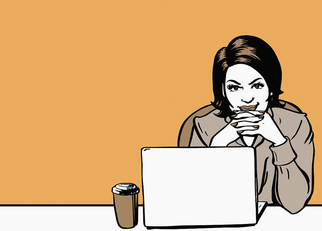 Woman using laptop, illustration