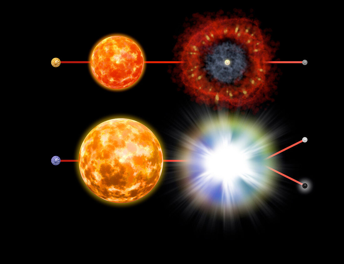 Stellar evolution for different masses, illustration