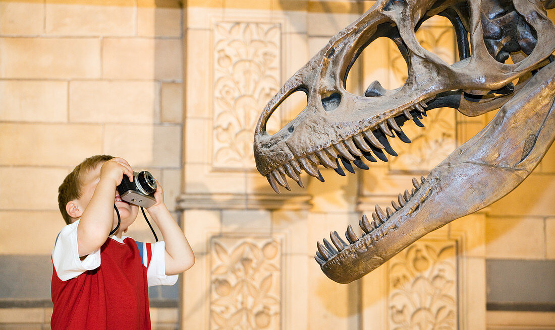 Boy photographing dinosaur