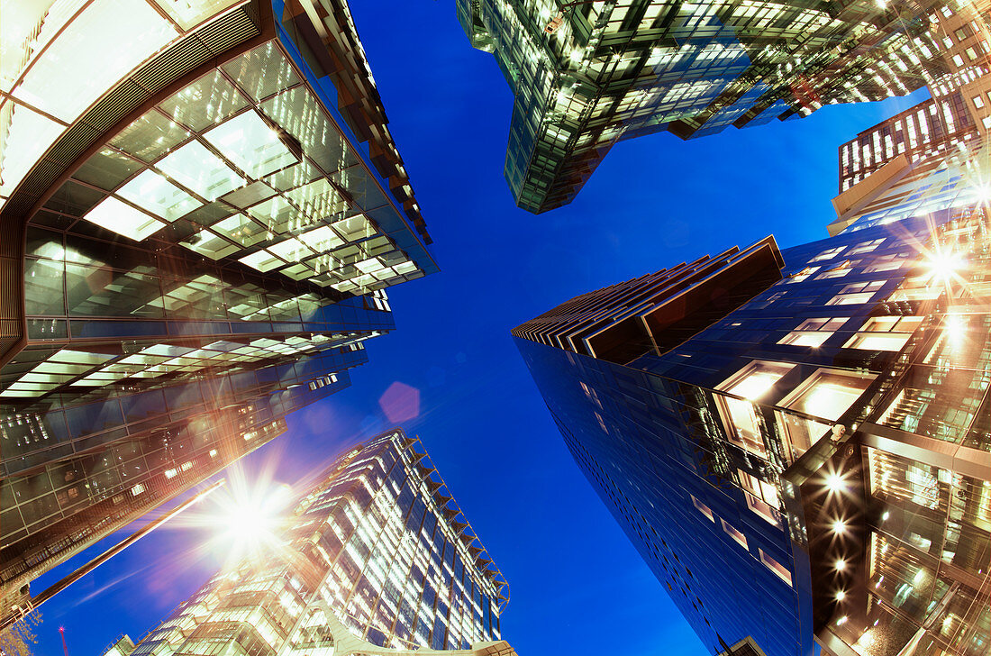 Fisheye view of office buildings at dusk